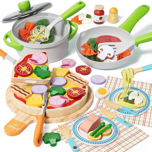 Lehoo Castle Wooden Play Food Kitchen Toys, Play Kitchen Accessories with Pot & Pan, Pizza Pasta Pretend Play Toy Food, Educational Learning Toy Gift for Toddlers 3+