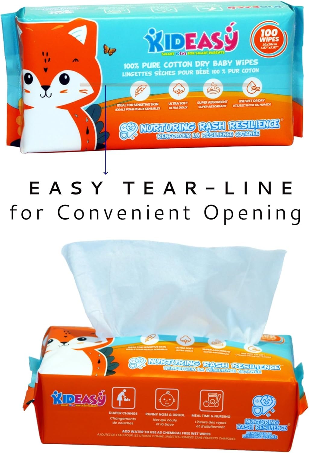 KidEasy Dry Wipes | Ultra-Soft 100% Cotton Baby Wipes | Chemical-Free & Unscented | Wet or Dry Use | Gentle on Sensitive Skin | Strong & Highly Absorbent (6 Pack - 600 Count)