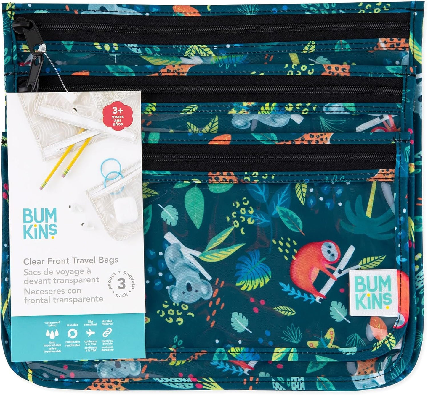 Bumkins Travel Bag, Toiletry, TSA Approved Pouch, Zip Bag, Quart Size Airline Compliant, Clear-Sided, Baby, Diaper Bag Organization, Makeup, Accessories, Packing, Set of 3 Sizes, Jungle