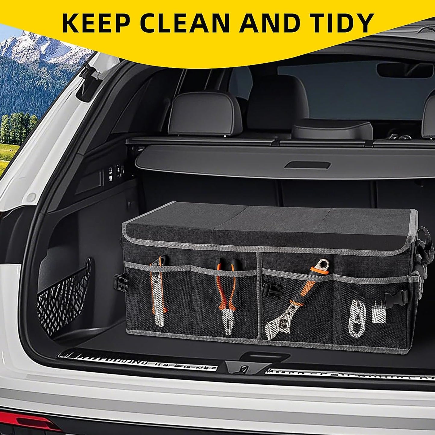 BPFY Black Collapsible Car Trunk Organizer for Suv with Lid, Large Trunk Organizer for Car with Anti Slip Velcro, Oxford Multi-Compartments Car Organizer Trunk