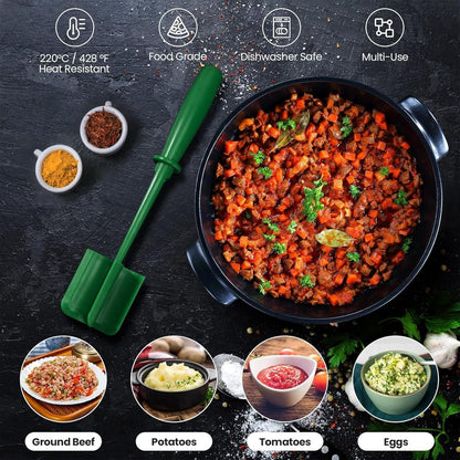 2PCS Meat Chopper,Heat Resistant Potato Masher Meat Chopper,Ground Beef Masher with 5-Blade Head,Durable Nylon Ground Beef Smasher,Multifunctional Kitchen Gadgets (Green&Red)
