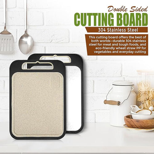 Double-Sided Cutting Board - Stainless Steel Cutting Board - Wheat Straw for Kitchen, for Meat, Veggies & Fruits – Metal Chopping Board with Easy Grip Handle, Dishwasher Safe (1, Large)