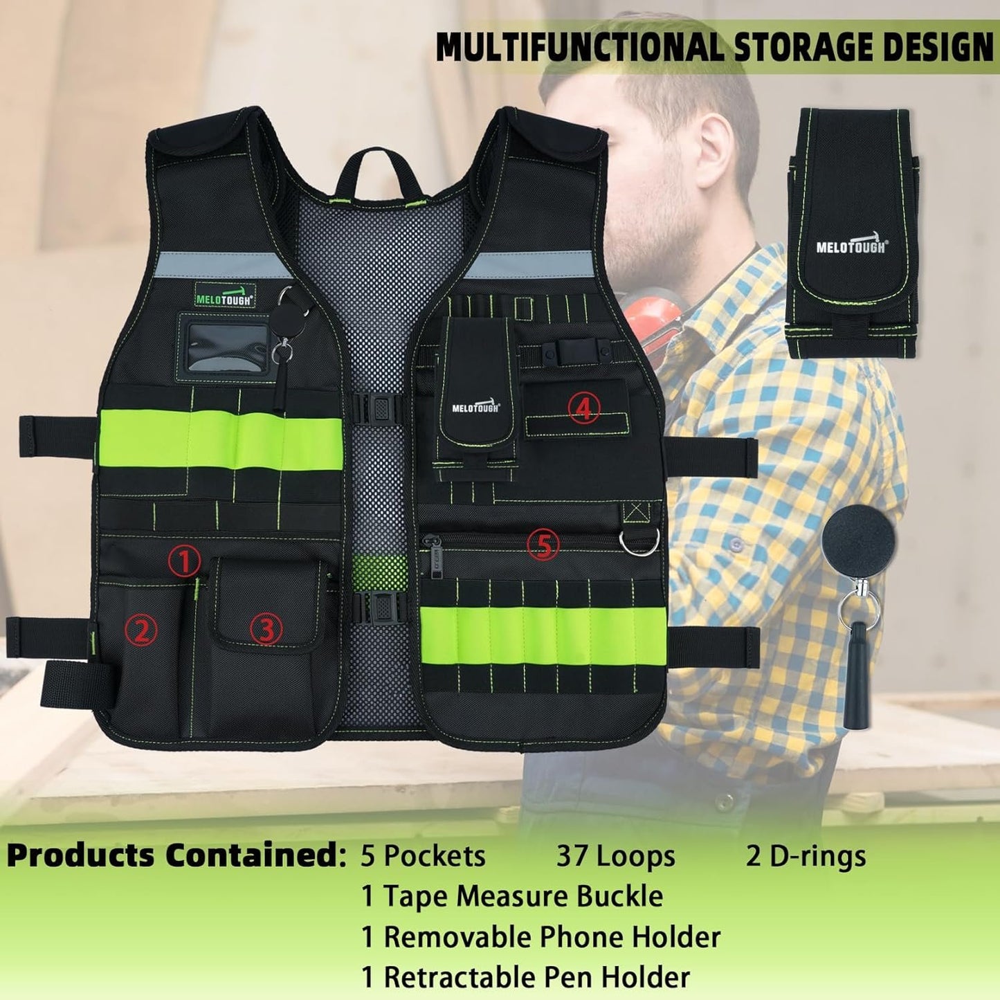 MELOTOUGH Tool Vest Safety Work Vest with Adjustable Straps,Removable Phone Holder for Electrician,Construction,Carpenters