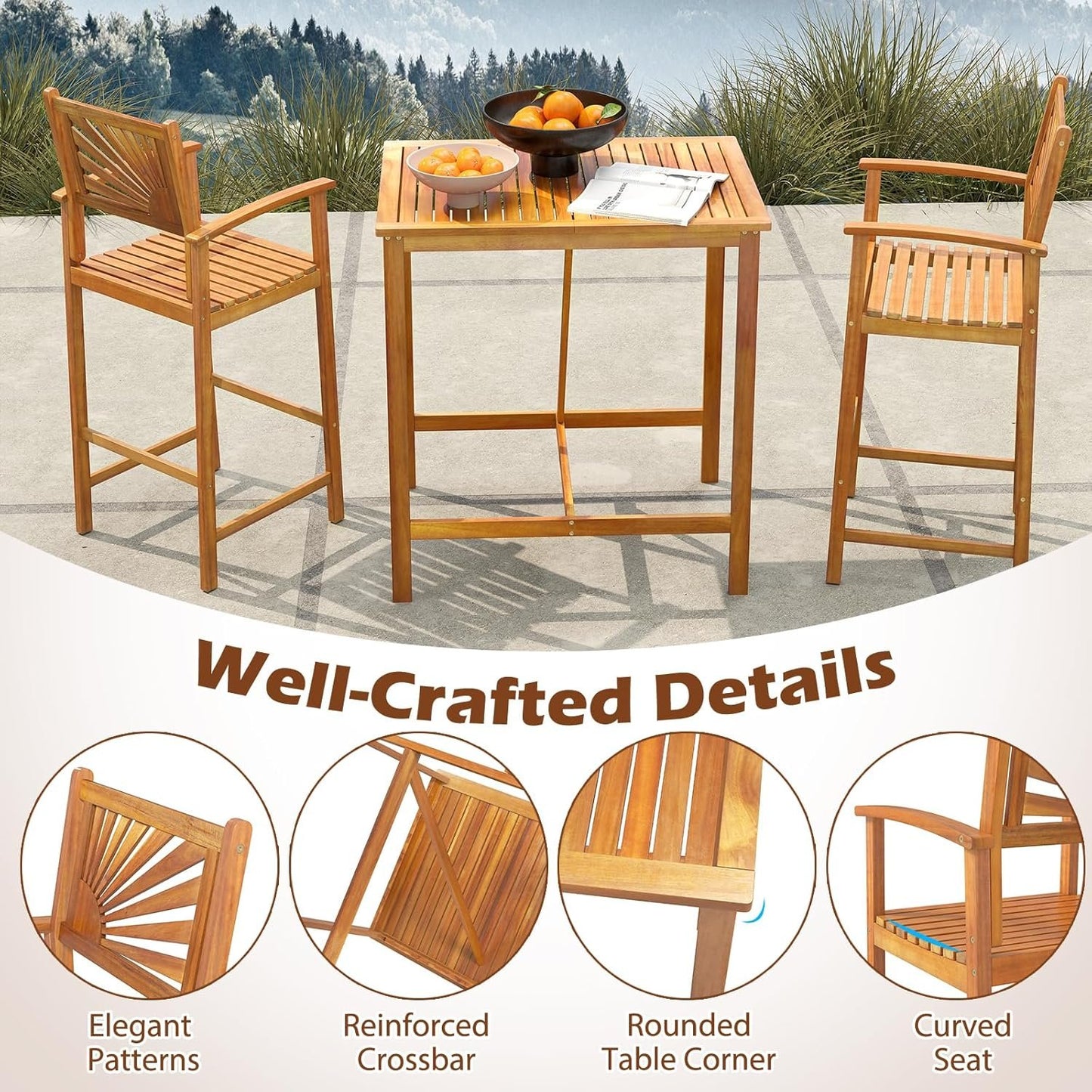 Tangkula 3 Piece Patio Bar Table & Chairs, Outdoor Acacia Wood Bar Set w/Slatted Seat & Tabletop, Wood Dining Bar Set w/Backrest, Armrests & Footrest for Backyard, Poolside, Balcony