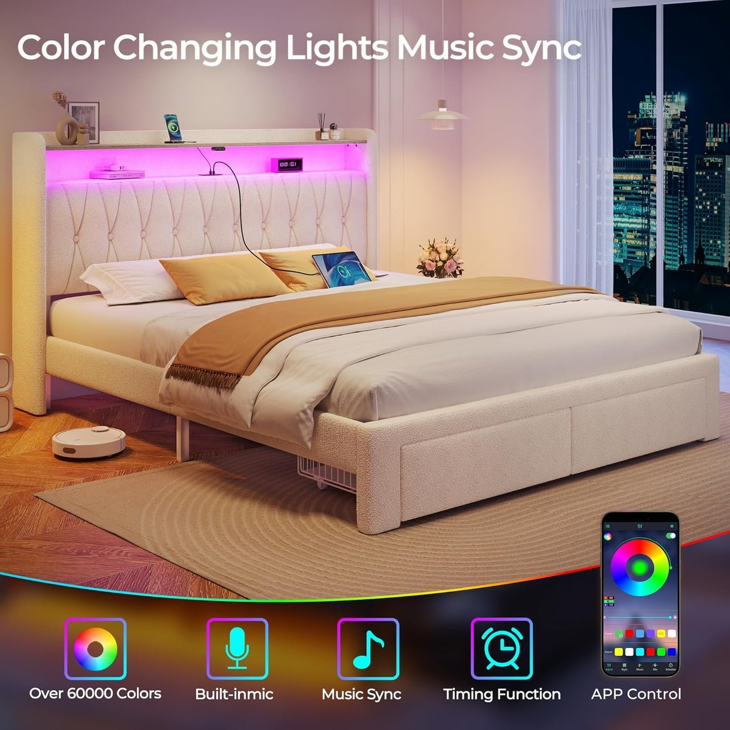 Rolanstar Queen Bed Frame with Drawers, Storage Headboard with Charging Station and LED Lights, Upholstered Bed with Heavy Duty Wood Slats, No Box Spring Needed, Noise Free, Easy Assembly, Beige