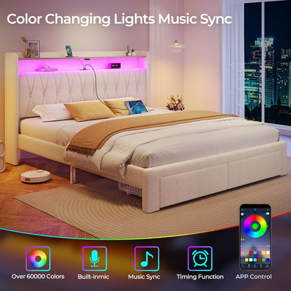 Rolanstar Queen Bed Frame with Drawers, Storage Headboard with Charging Station and LED Lights, Upholstered Bed with Heavy Duty Wood Slats, No Box Spring Needed, Noise Free, Easy Assembly, Beige