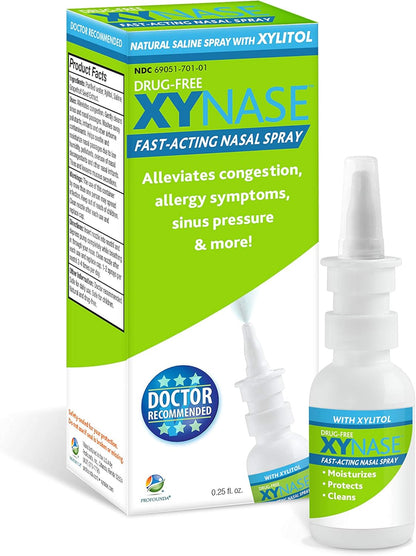 Xynase Natural Saline Nasal Spray with Xylitol - Relieves Nasal Congestion, Dry Nose, Allergy Symptoms, Sinus Pressure (0.75 fl oz Each) 3 Pack