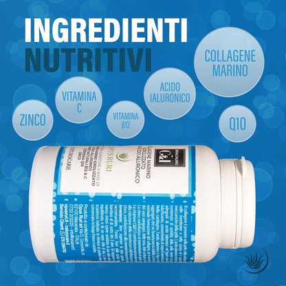 OPUS RURI Marine Collagen with Hydrolyzed Hyaluronic Acid with Vitamin C, B12, Coenzyme Q10-150 Capsules 450 mg – Food Supplement for Skin, Joints, Hair and Nails – Made in Italy