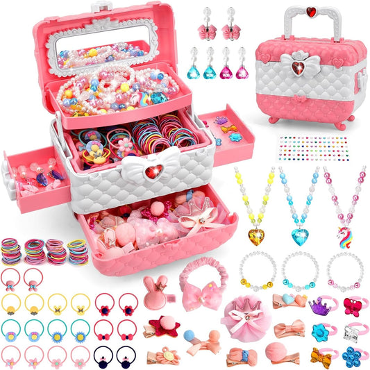 Kids Jewelry Kit Girls Toys, 153pcs Girls Dress Up Play Jewelry Set Kids Toys with Necklaces Bracelets Rings Earrings Hair Accessories and Storage Box, Christmas Birthday Gifts for 3-8 Year Old Girl