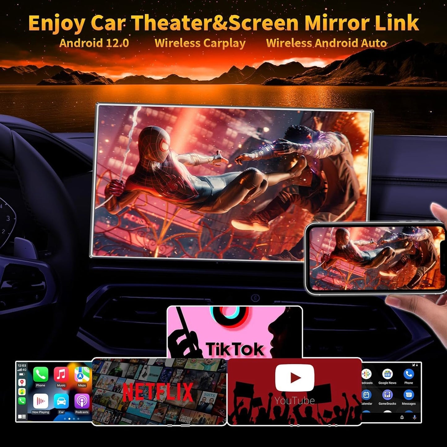 4-in-1 Carplay Ai Box,Wireless CarPlay & Android Auto Adapter,Compatible with Netflix/YouTube/TIK Tok/Screen Mirror Link/TF Card,Suitable for Cars Equipped with OEM Wired CarPlay,Plug & Play