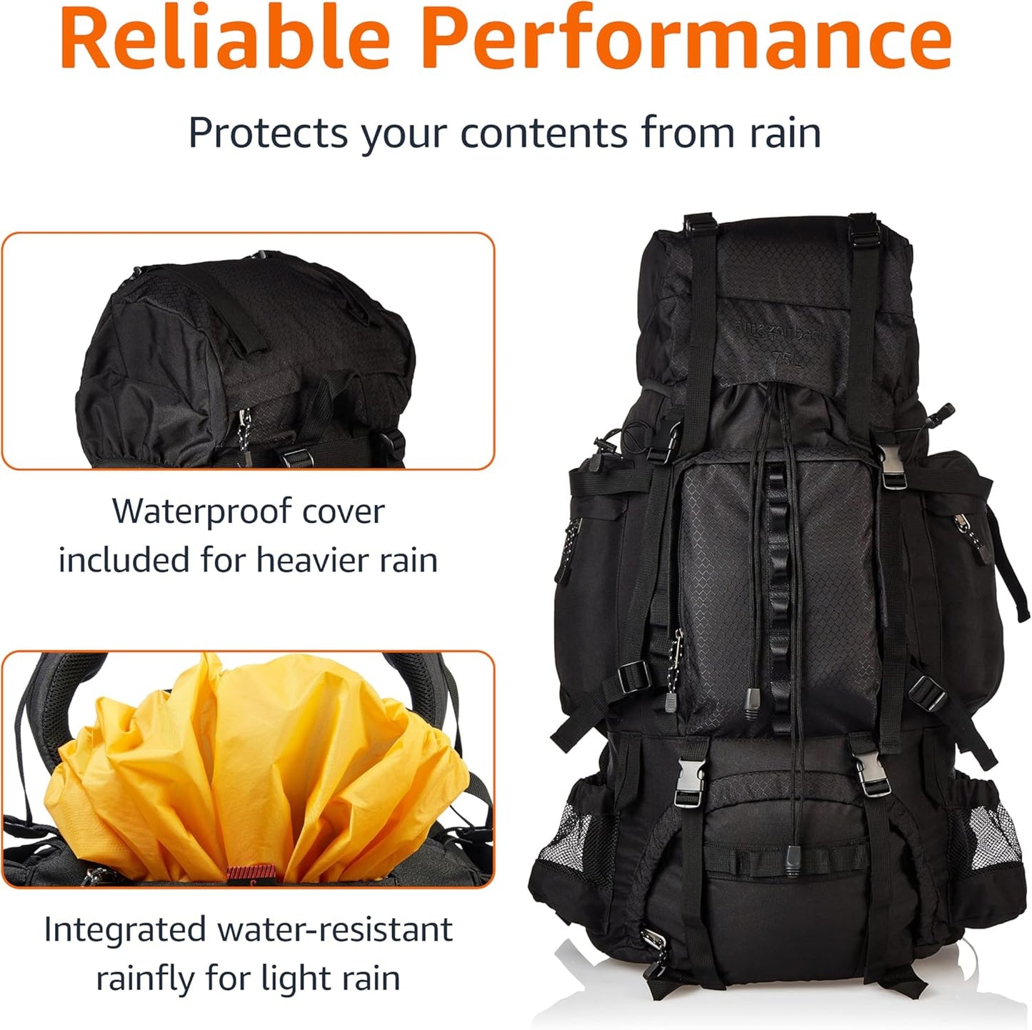 Amazon Basics Internal Frame Hiking Backpack with Rainfly, Rucksack Bag for Men & Women, Large Water Resistant Trekking Hiking Bag Travel Backpack, 75L, Black