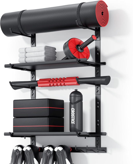Crostice Home Gym Storage Shelf Only, Adjustable Gym Equipment Organizer Wall Mounted with 2 Boards, Yoga Mat Holder, Storage Rack Compatible with Peloton Shoes & Mat, Shelf for Home Gym Accessories