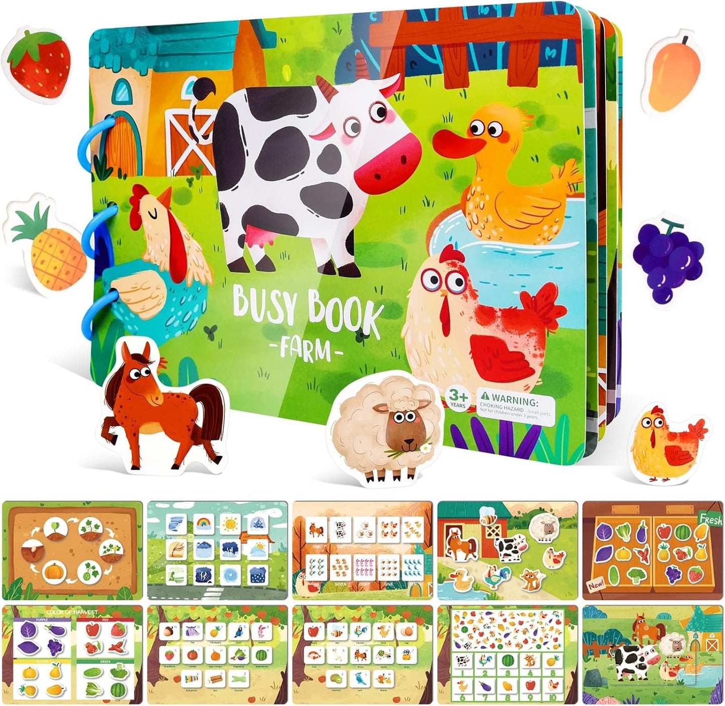 ASTARON Educational Montessori Toys Farm Busy Book for Toddler, 10 Themes Preschool Sensory Learning Toys, Kids Birthday Gift, Airplane Car Travel Activities for Toddlers