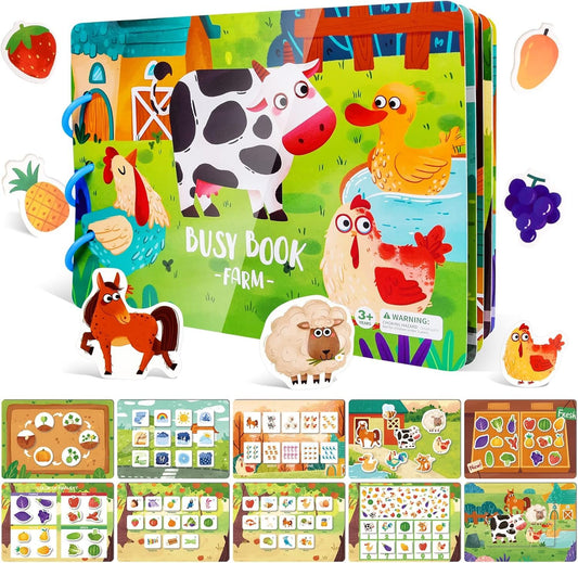 ASTARON Educational Montessori Toys Farm Busy Book for Toddler, 10 Themes Preschool Sensory Learning Toys, Kids Birthday Gift, Airplane Car Travel Activities for Toddlers