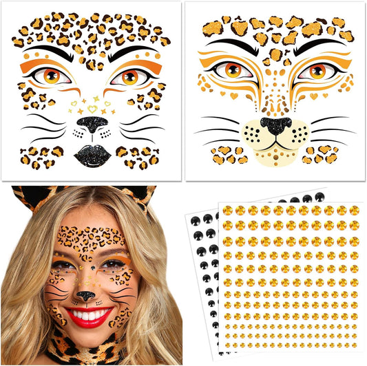 DPKOW Face Tattoos Leopard Costume Ladies Leopard Face Tattoo Halloween Leopard Temporary Tattoos Glitter Stones Face Make-up Leopard Cosplay Costumes Carnival Accessories
