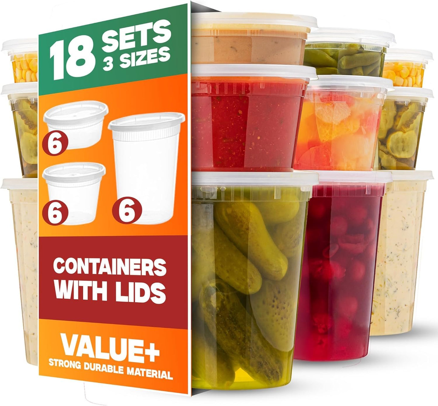 Food Storage Containers With Lids - [18 Pack] - (8, 16 & 32 Oz) - Plastic Deli Containers Variaty Pack - Soup Containers With Airtight Lids - Microwave, Freezer & Dishwasher Safe