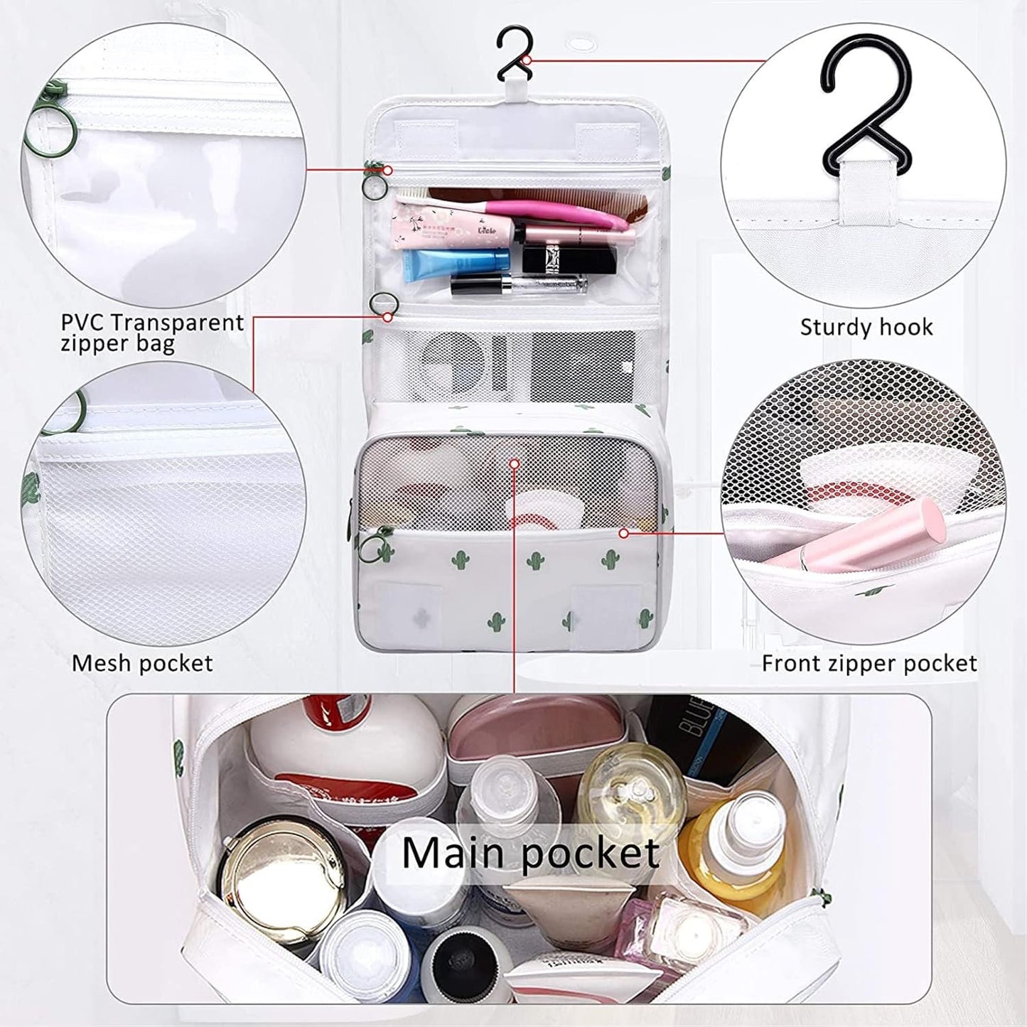 SxoSyo Toiletry Bag for Women Hanging Travel Bag for Toiletries Large Capacity Travelling Accessories Makeup Bags Organizer Cosmetic Bag Waterproof Bathroom Bag, Cactus White, Small, Portable Handle