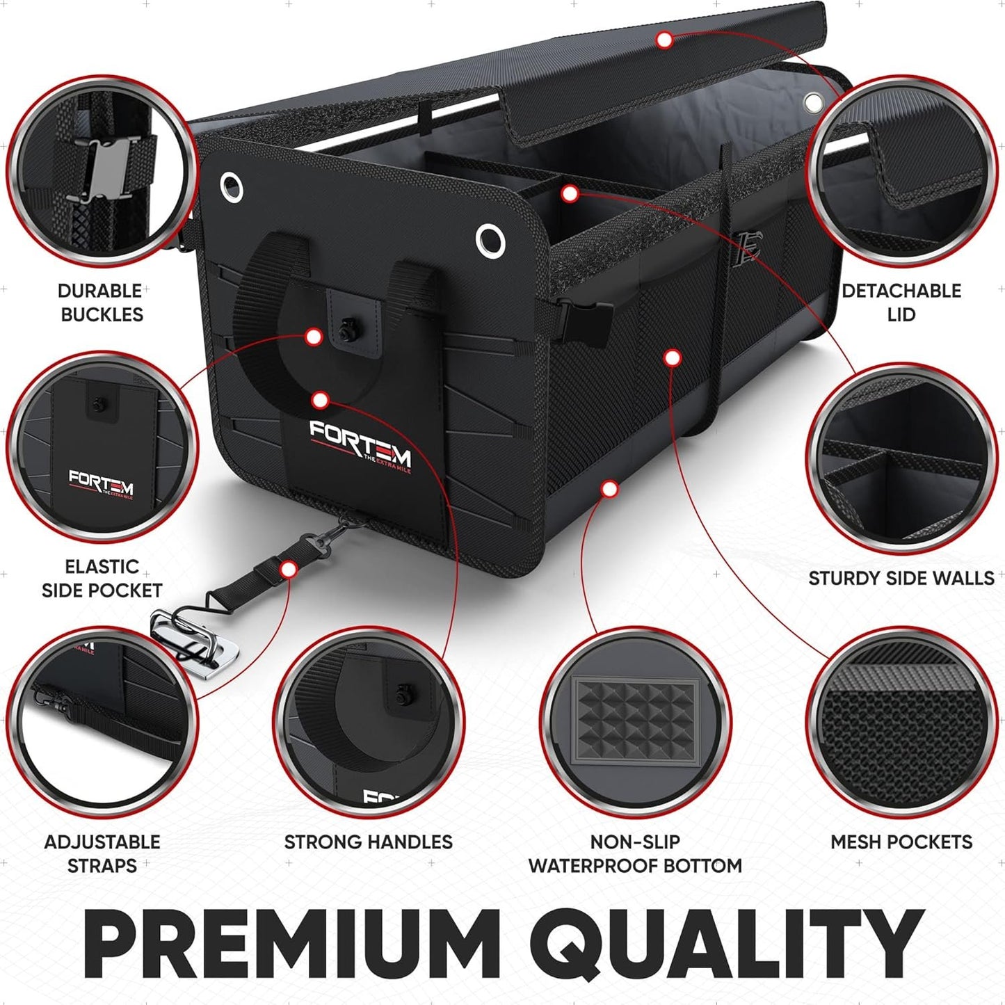 FORTEM SUV Trunk Organizer, Car Organizer, Collapsible Multi-Compartment Storage Bag for Car Accessories for Women Men, Non Slip Bottom, Adjustable Straps, Foldable Cover (Large, Black)