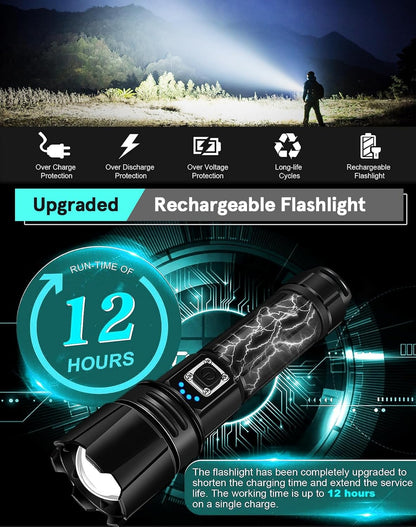 ANTWIS LED Torch Rechargeable Flashlight with High Lumens, 20000 Lumens Super Bright Torch, XHP70.2 High Powered Torches, Long Lasting, Waterproof, Zoomable, for Gift Camping Hiking Emergency