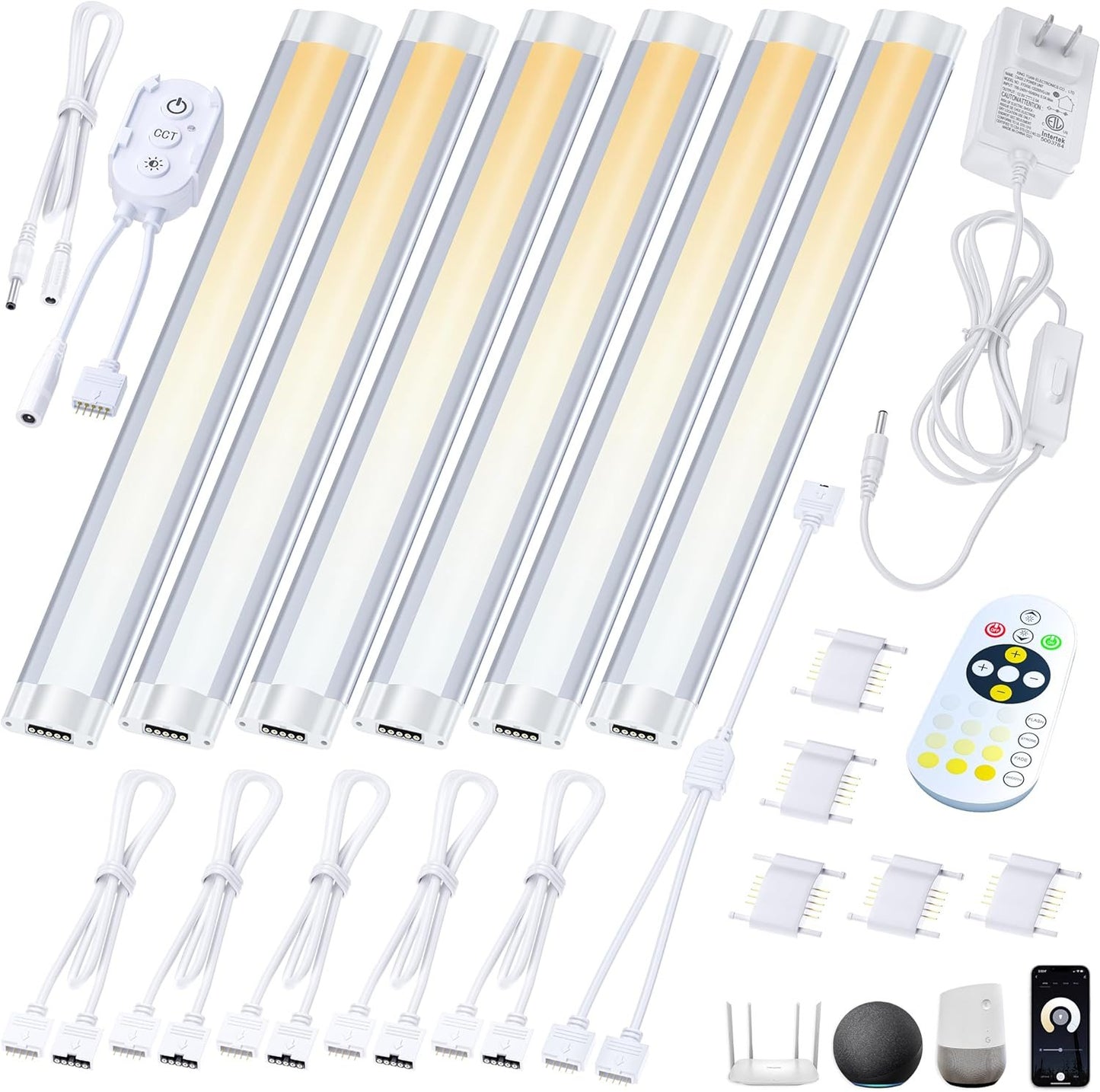 Smart Under Cabinet Lighting App, Alexa & Google Compatible Cabinet Lights – Linkable with Timer Under Counter Lights Fixtures for Kitchen, Book Shelf, Show Case (6 Lights Bar Kit)