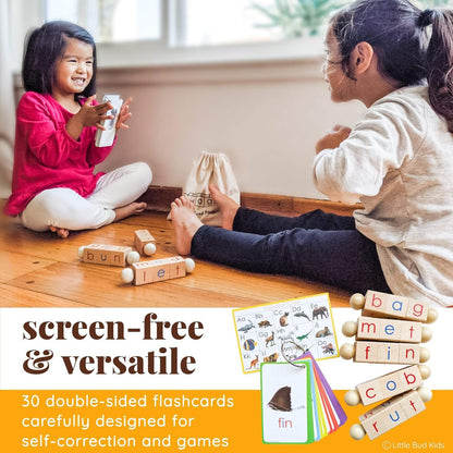 LITTLE BUD KIDS Spin-and-Read Phonics Toy, Rotating Wooden Reading Blocks with CVC Flash Cards, A Montessori Reading Learning Resources Toy for 3 4 5 6 Years Old