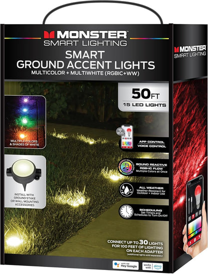 Monster Smart Outdoor Ground Accent RGB+IC+WW LED Lights, 50ft, 15 LEDs, Sound Reactive, Ground Stakes & Wall/Ceiling Mounts, Weather & IP44 Water Resistant, Works with Alexa, Siri, Google Home, App