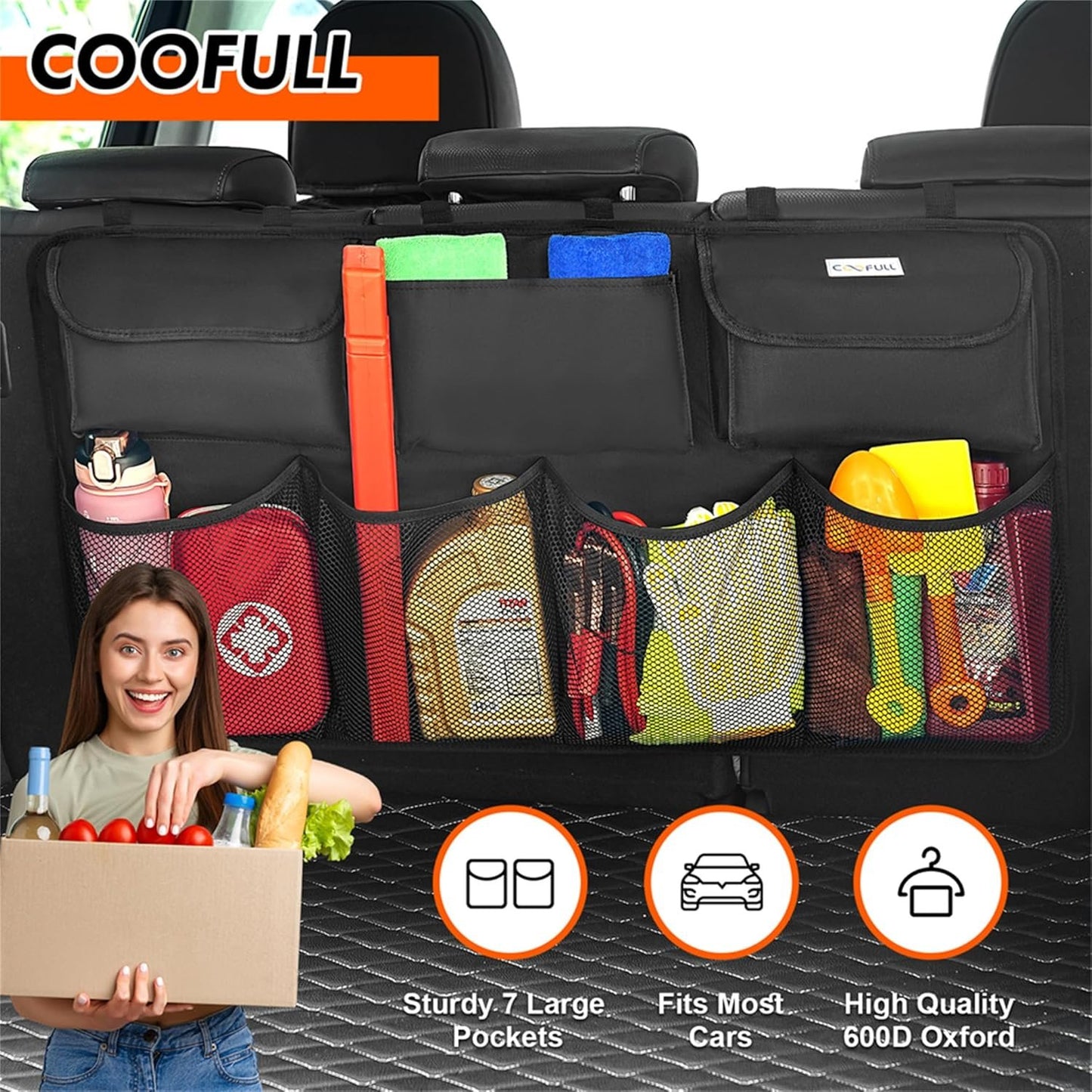 COOFULL Car Trunk Organizer - Super Capacity Car Hanging Boot Organisers with 7 Enlarged Pockets, 2 Long Magic Stick, Car Boot Tidy Storage Bag, Black