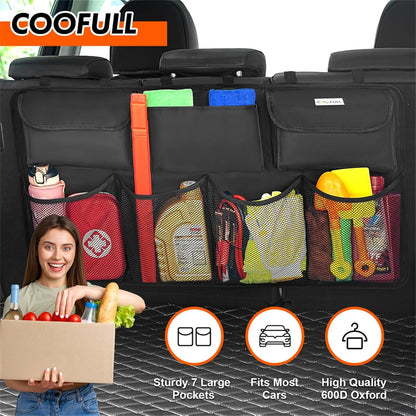 COOFULL Car Trunk Organizer - Super Capacity Car Hanging Boot Organisers with 7 Enlarged Pockets, 2 Long Magic Stick, Car Boot Tidy Storage Bag, Black