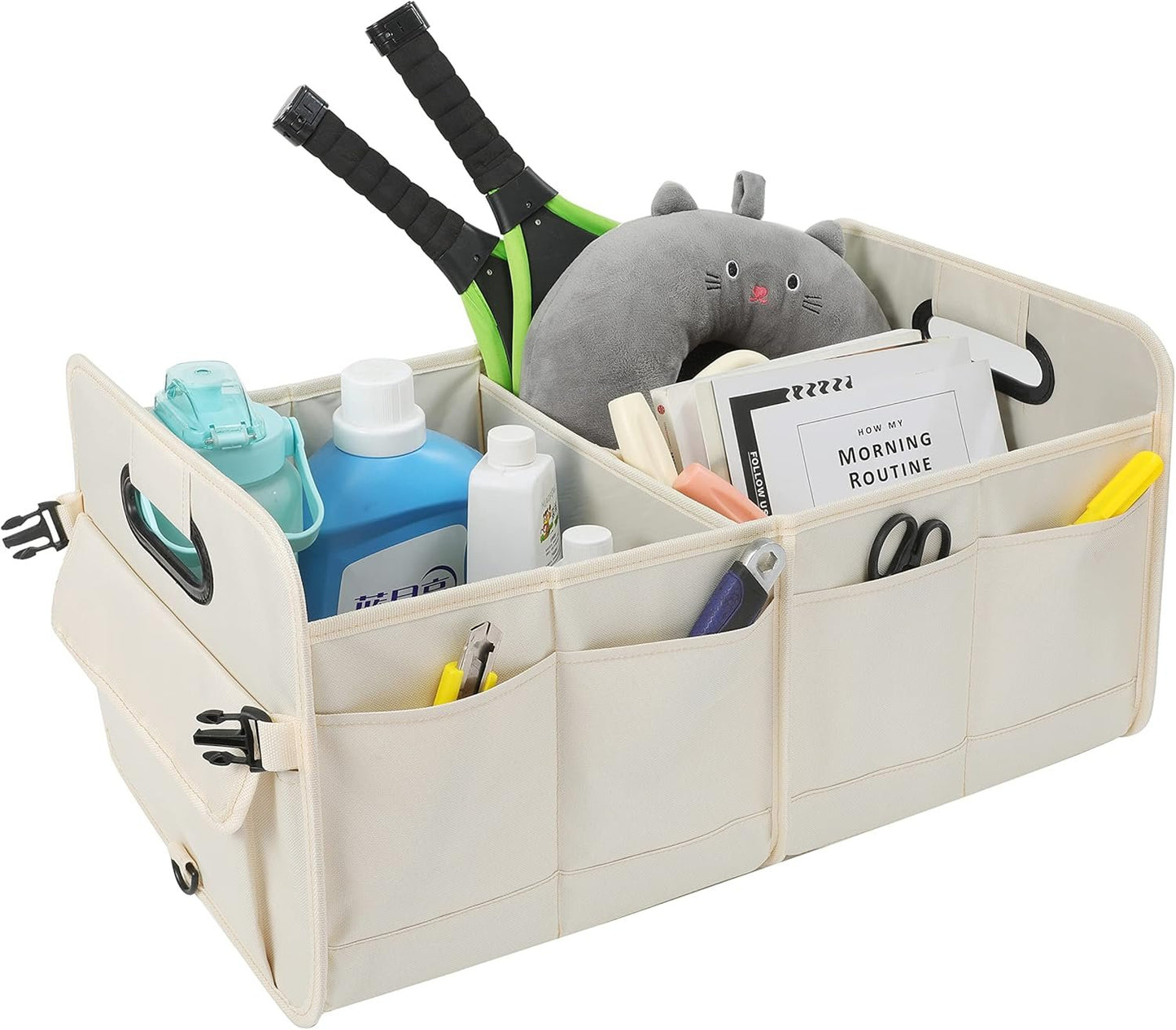 AOKJOY Car Trunk Organizer Collapsible Multi Compartment Car Organizer Adjustable Straps SUV (Beige)