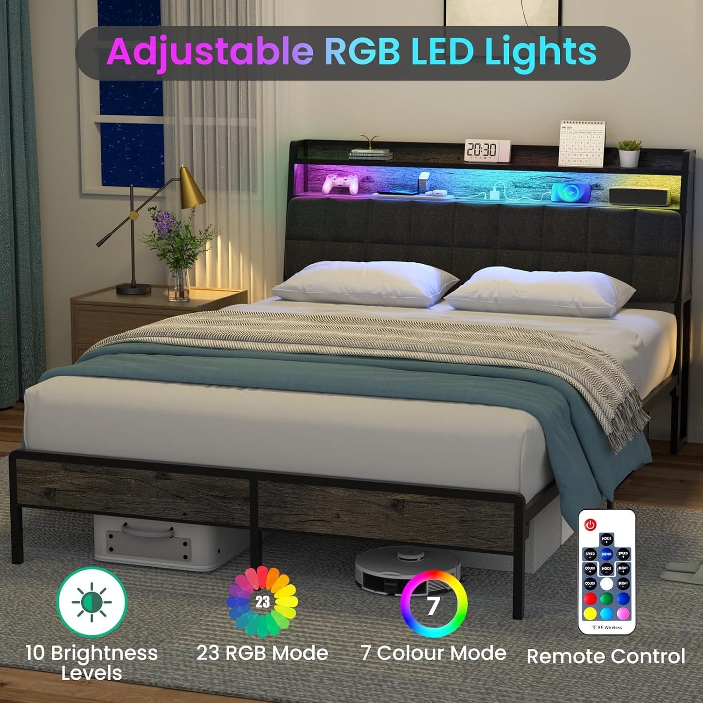 BedStory Bed Frame Full Size with Charging Station, LED Bed with Upgrade Upholstered Headboard, Ergonomic Bed Frame Headboard with Under Bed Storage, No Box Spring Needed, Noise Free Easy Assembly