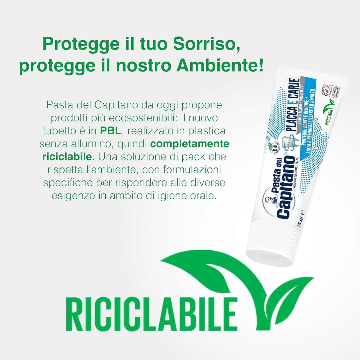 Pasta del Capitano, Toothpaste Plaque and Organic Caries, Ensures Deep Cleaning, Protects Teeth and Gums, Ideal Solution against Plaque and Caries, 100% Made in Italy, 75 ml Tube