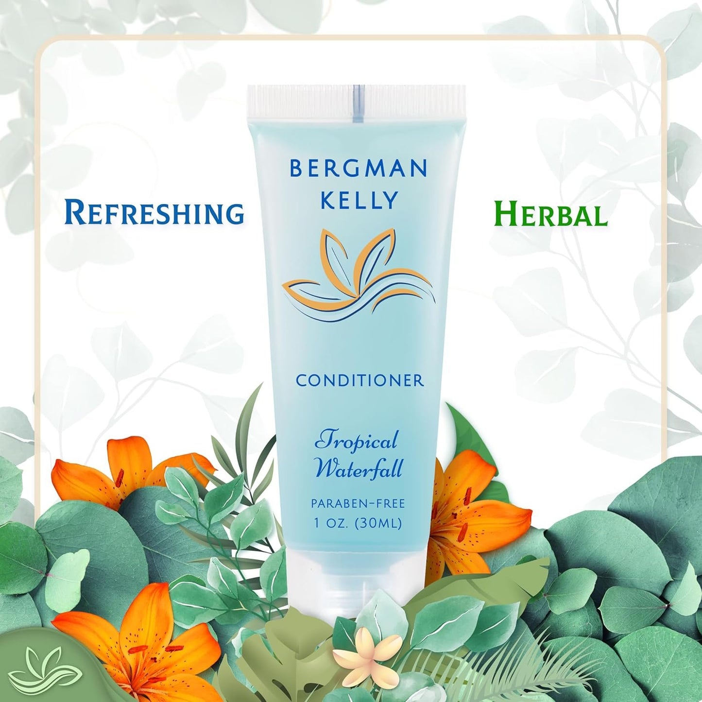 BERGMAN KELLY Hotel Toiletries Bundle - Tropical Waterfall, 1 oz each, 125 Pcs - 5-Piece Set: 25 Round Bar Soap, 25 Shampoo, 25 Conditioner, 25 Body Lotion & 25 Body Wash - Bulk Mini Guest Amenities