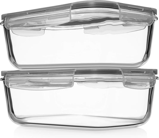 8 Cups/ 63 Oz 4 Piece (2 containers + 2 Lids) Large Glass Storage/Baking Containers with Locking Lids Ideal for Storing food, vegetables or fruits. BPA Free & Leak Proof - Microwave, Oven Safe