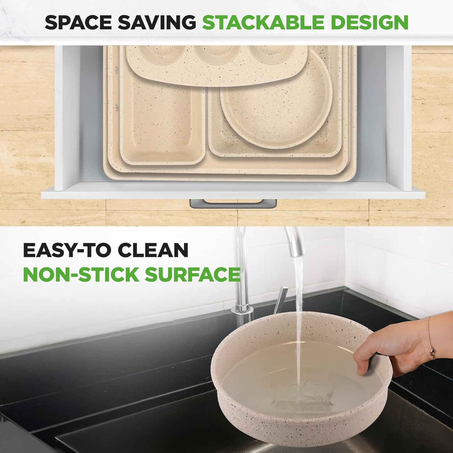 NutriChef 8-Piece Stackable Bakeware Set - Carbon Steel Non-Stick Baking Pan Set, Sheet, Muffin, Round, Loaf, Square Cake & Deep Pans, 450°F Heat Resistant, Standard & Convection Ovens (Marble Cream)