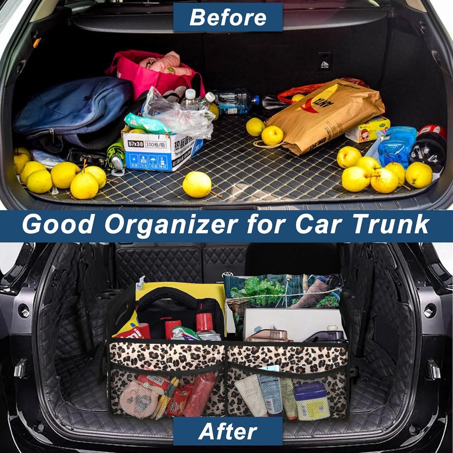 Deosk Car Trunk Organizer for SUV, 50L Waterproof Polyester Storage With 6 Big Pockets for Women/Men - Minivan/Truck (Medium, Leopard Print)