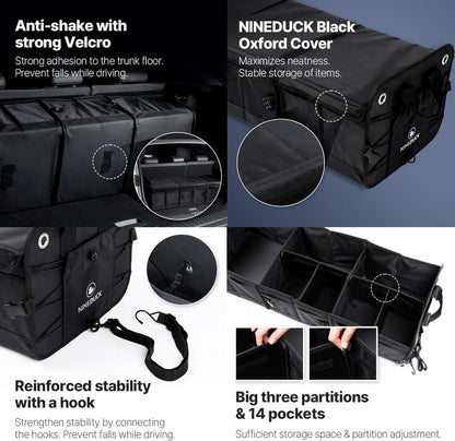 NINEDUCK Car Trunk Organizer with Lid - Black Premium Oxford and Cargo Storage Adjustable for Auto, Sedan, SUV, Van, Truck (ExtraLarge, Collapsible), Straps