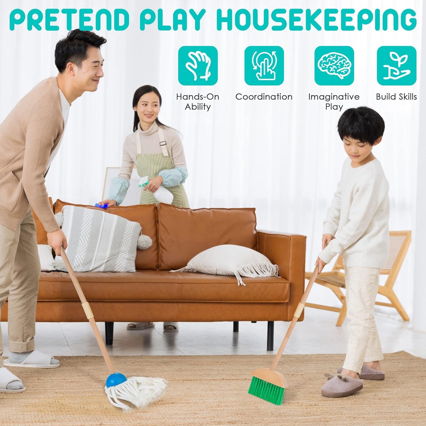 HELLOWOOD Kids Cleaning Set, 8 pcs Housekeeping Pretend Play Set Includes Broom Mop Duster Dustpan Brushes Rag and Organizing Stand, Cleaning Toys for Toddlers Girls Boys Age 3-6, Real Beech Wood