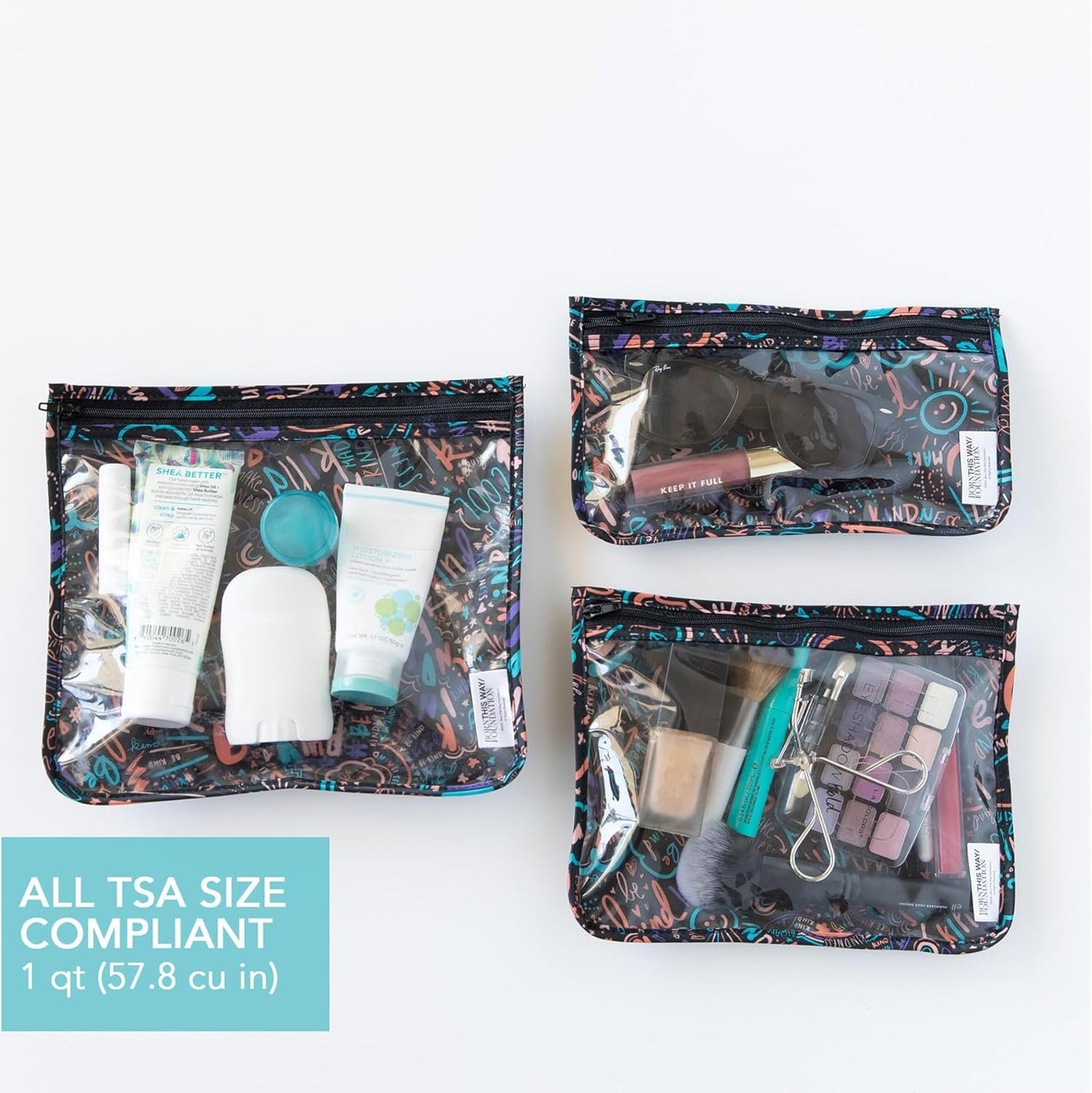 Bumkins Travel Bag, Toiletry, TSA Approved Pouch, Zip Bag, Quart Size Airline Compliant, Clear-Sided, Baby, Diaper Bag Organization, Accessories, Packing, Set of 3 Sizes, Born This Way Kindness