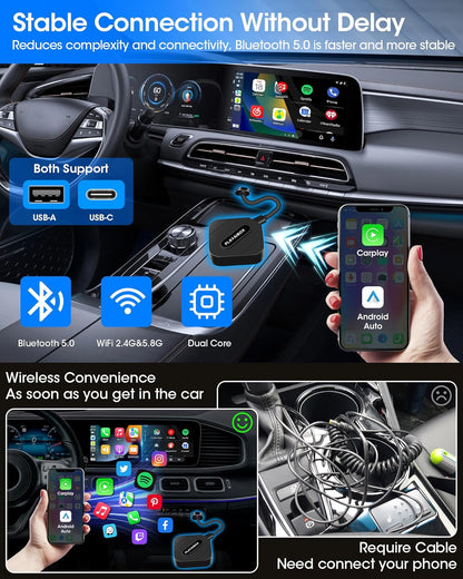 Carplay Wireless Adapter Android Car Wireless Adapter 2 in 1 Design, Bluetooth 5.0 Adapter Wireles-s Android Car Fast Connection Transmission with Plug and Play Mini Design