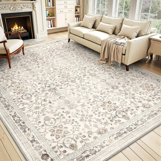 MontVoo-Soft Area Rug 5X7 Beige Rugs for Living Room-Vintage Distressed Printed Living Room Rug-Non Slip Carpet Bedroom Decor-Machine Washable Rugs for Bedrooms Dining Room Home Decor