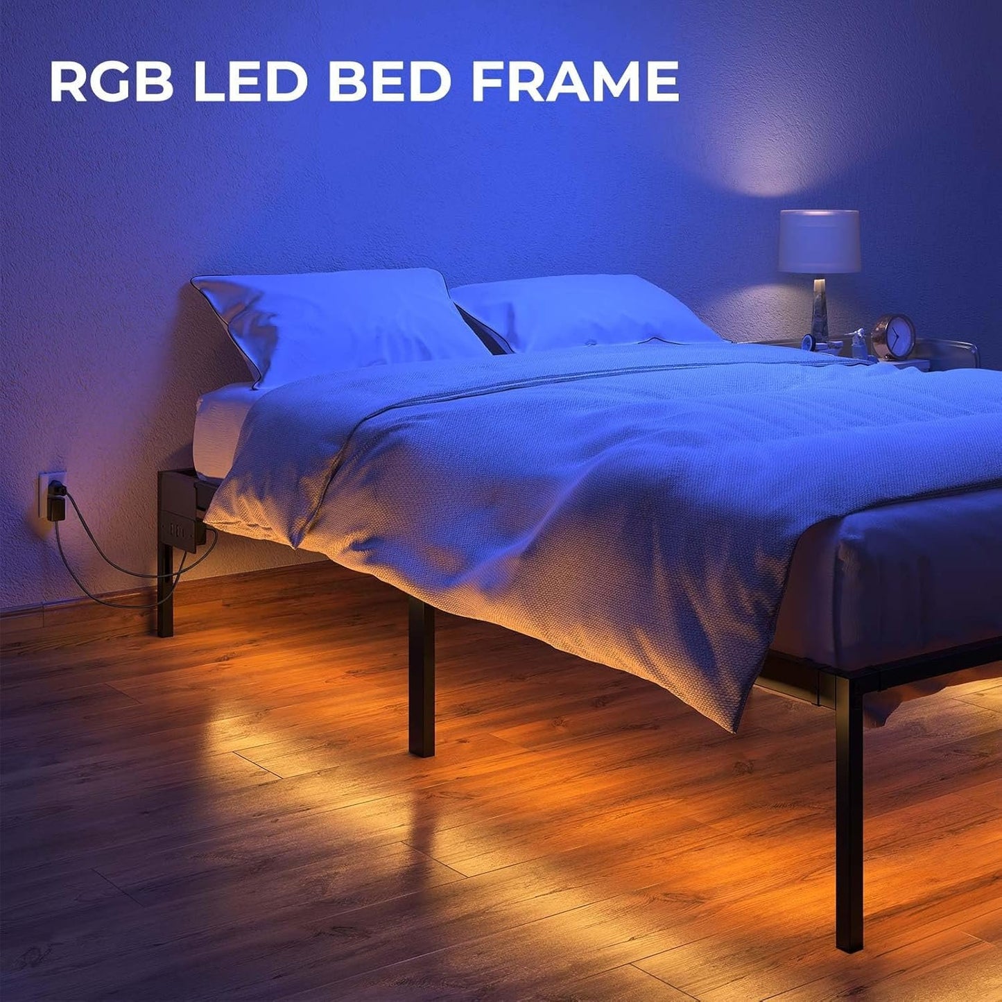 Rolanstar Bed Frame with USB Charging Station, Queen Bed Frame with LED Lights, Platform Bed Frame with Heavy Duty Steel Slats, 14" Storage Space Beneath Bed, No Box Spring Needed, Noise Free, Black