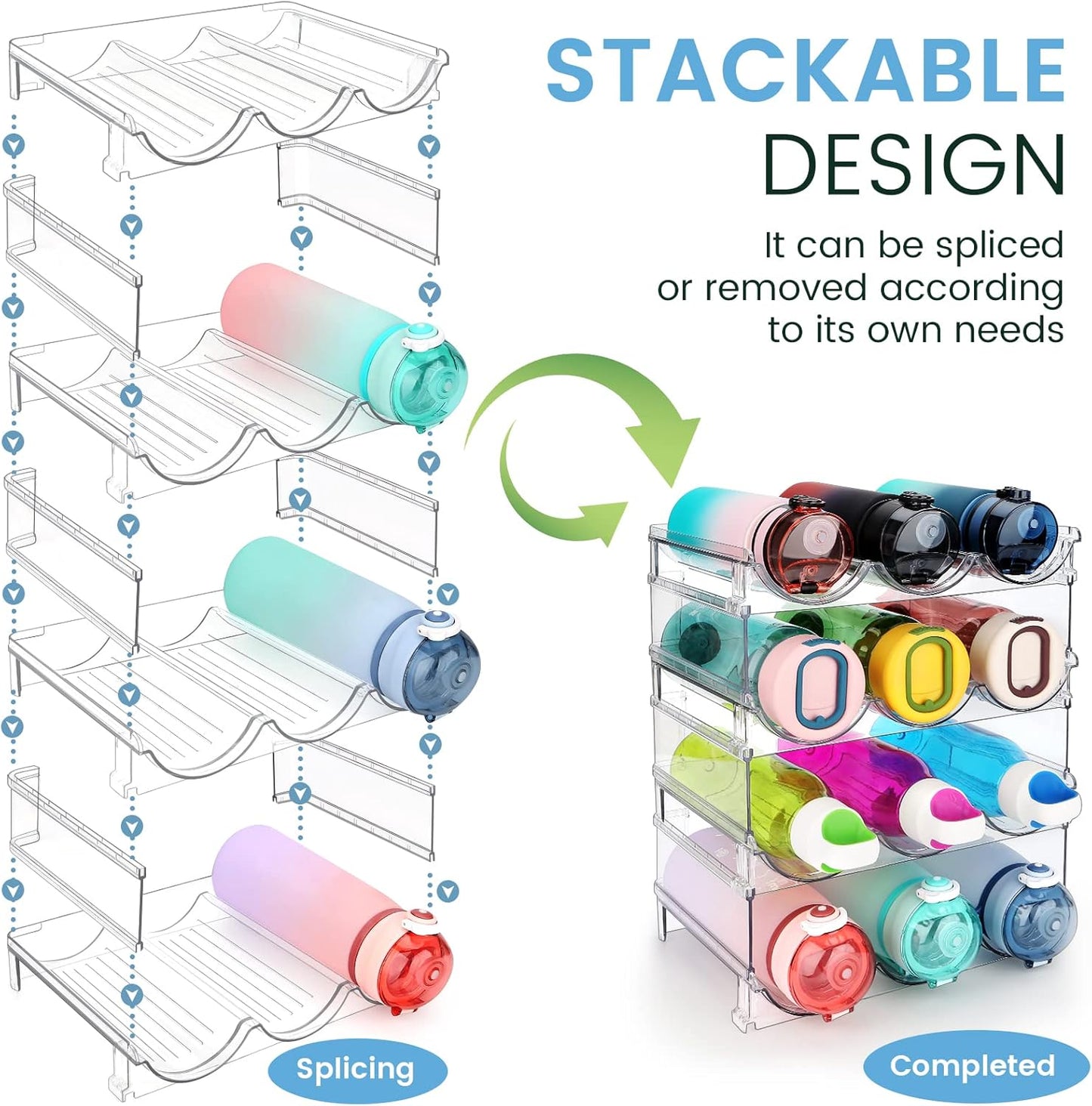 Water Bottle Organizer for Cabinet, 4 Pack Water Bottle Organization and Storage Shelf, Plastic Water Bottle Holder Rack for Fridge, Kitchen, Desktop