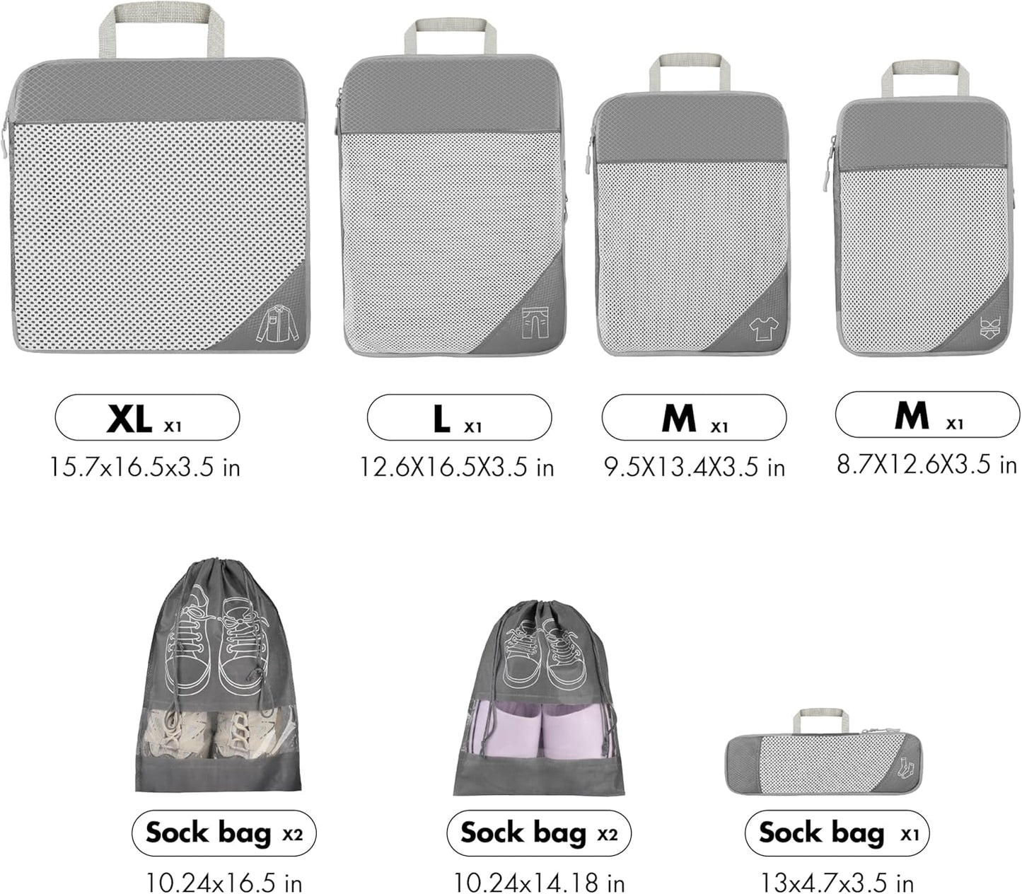 9pcs Compression Packing Cubes Set, Ultralight Expandable Travel Organizers for Carry on Luggage,Waterproof Cubes,Travel Packing Cubes for Suitcases (Grey)