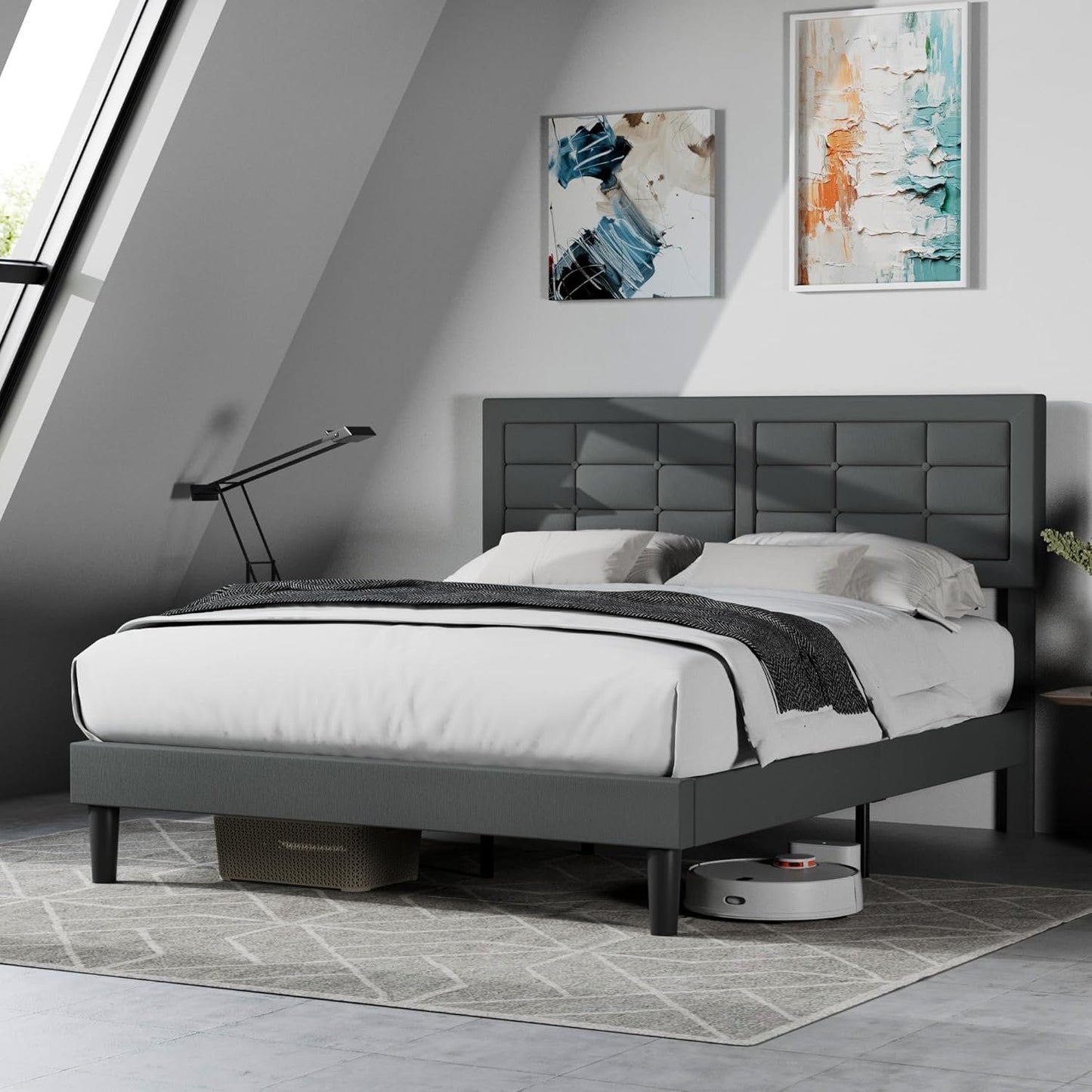 VECELO Queen Size Upholstered Bed Frame with Height Adjustable Fabric Headboard, Heavy-Duty Platform Bedframe/Mattress Foundation/Strong Wood Slat Support/No Box Spring Needed, Grey