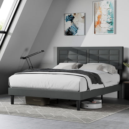 VECELO Queen Size Upholstered Bed Frame with Height Adjustable Fabric Headboard, Heavy-Duty Platform Bedframe/Mattress Foundation/Strong Wood Slat Support/No Box Spring Needed, Grey