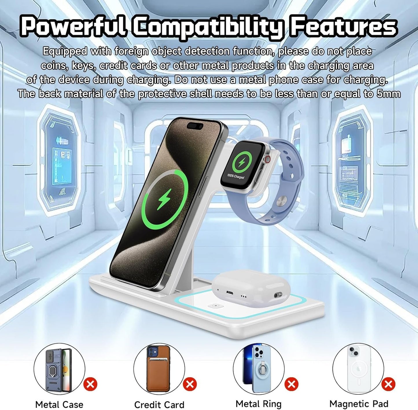 Naxifly Wireless Charging Station,15W Fast Wireless 3 in 1 Charging Station,Universal for Android and iPhones Wireless Charger for iPhone 16/15/14/13/12 Pro & Max Series,AirPods,Apple Watch (White)