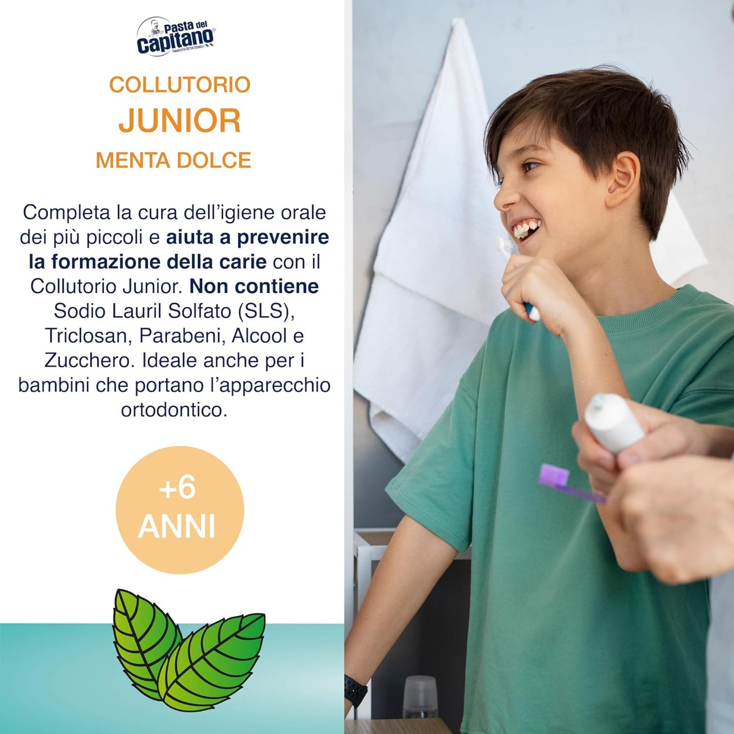 Pasta del Capitano, Junior Mouthwash with Sweet Mint Flavour, Alcohol-free, Prevents the Formation of Caries, Ideal for Children from 6 Years of Age, 100% Made in Italy, 400 ml Bottle