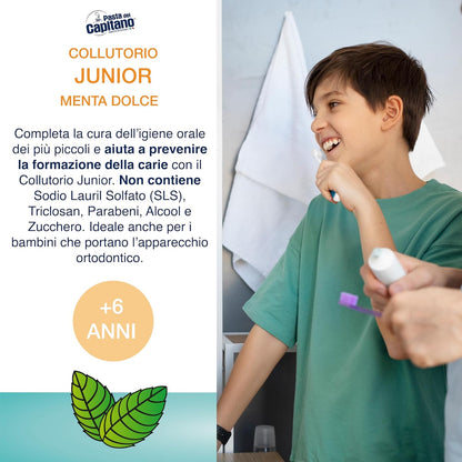 Pasta del Capitano, Junior Mouthwash with Sweet Mint Flavour, Alcohol-free, Prevents the Formation of Caries, Ideal for Children from 6 Years of Age, 100% Made in Italy, 400 ml Bottle