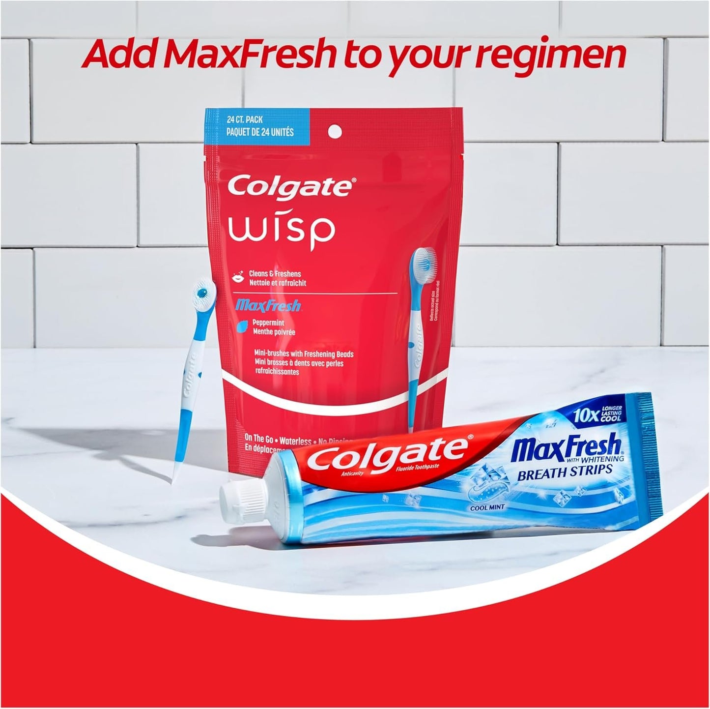 Colgate MaxFresh Wisp Disposable Mini Toothbrush, Built-in Freshening Bead, Peppermint Flavor for Instant Clean & Fresh Breath, No Water Required, Perfect for Travel & Braces, 24 Count (Pack of 4) .