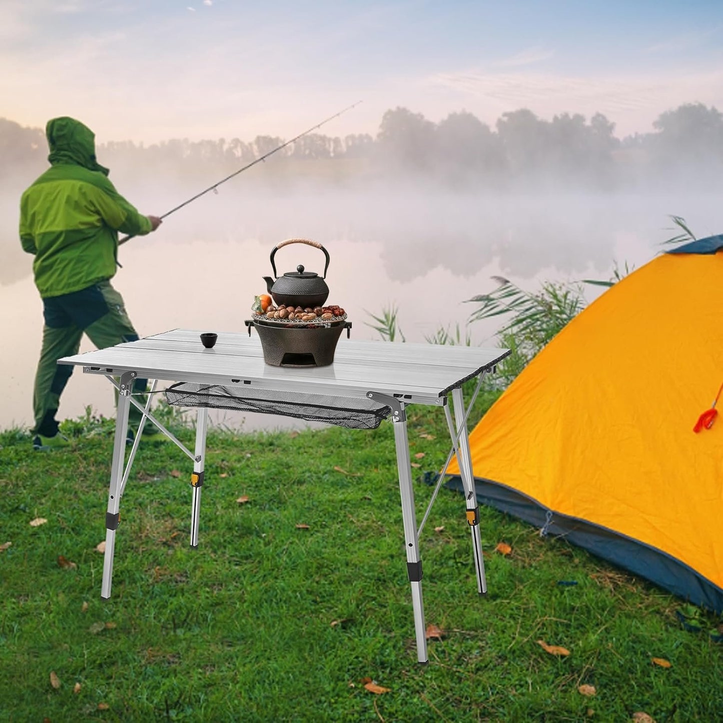 ITHWIU Portable Multi-Functional Camping Liftable Table 47‘’ X 27.5‘’with Aluminum Table Top, Hard-Topped Folding Table with Bag, Suitable for Camping, Picnic, Beach, Dining, Silver